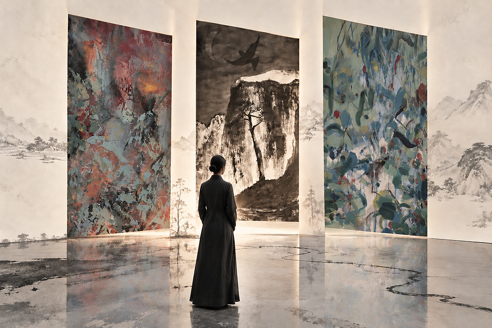 A woman in a long black dress viewing three contemporary Chinese artworks in a gallery-like space with ink landscape elements