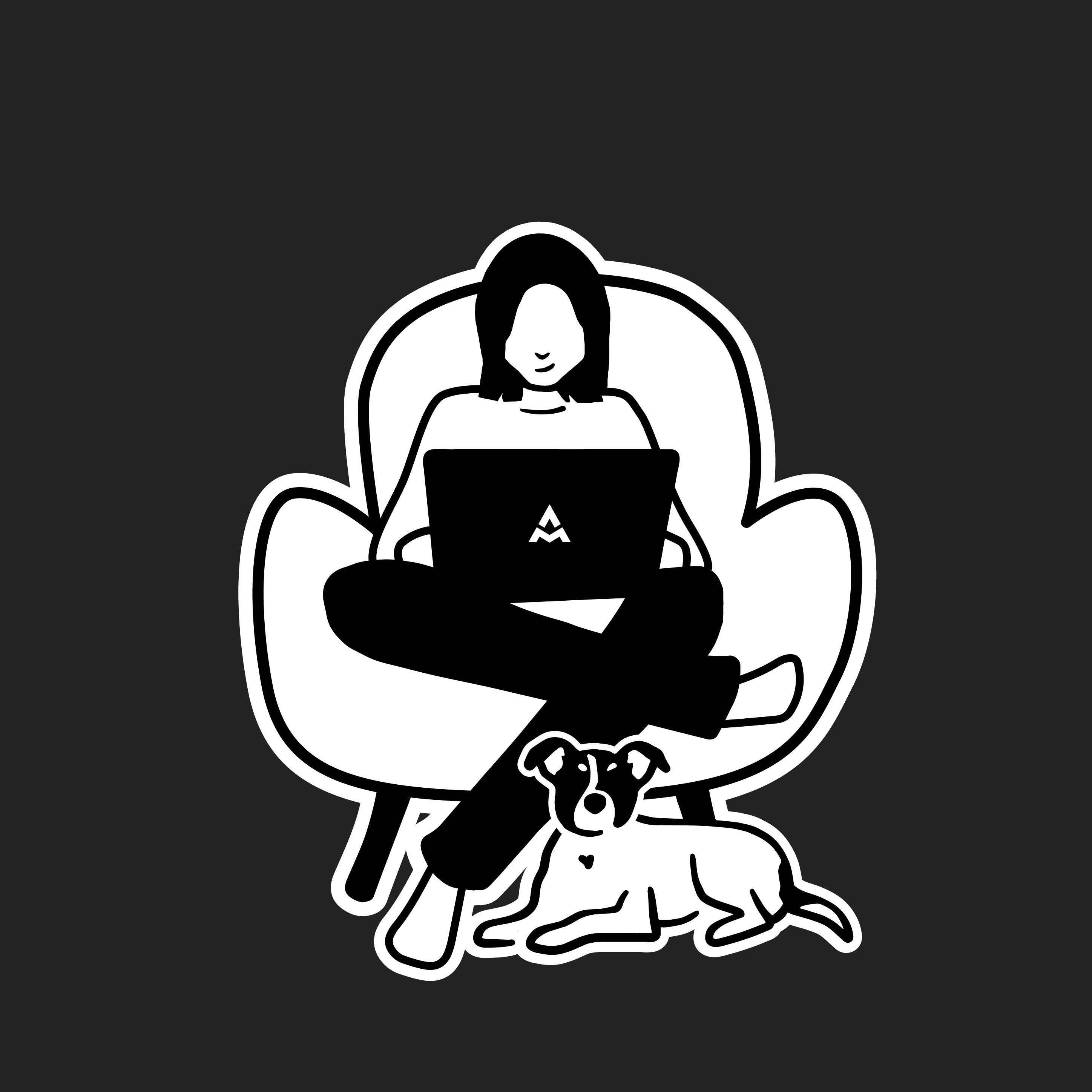 Looping black and white GIF of a cartoon Amy Mills sitting in a chair and raising arms, with her dog at her feet