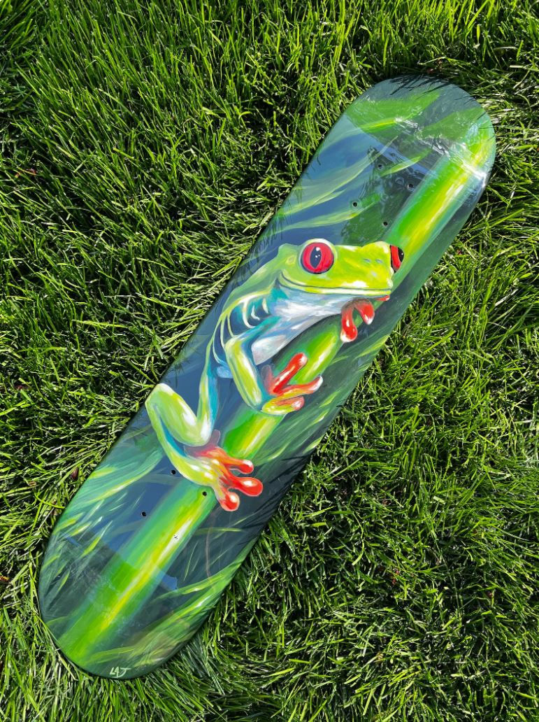 Thumbnail: Red Eye Tree Frog Skate Wall Art. Hand painted