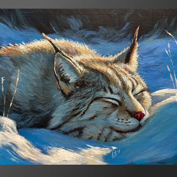 Thumbnail: Snow Lynx at Dawn acrylics on canvas. 8x10“