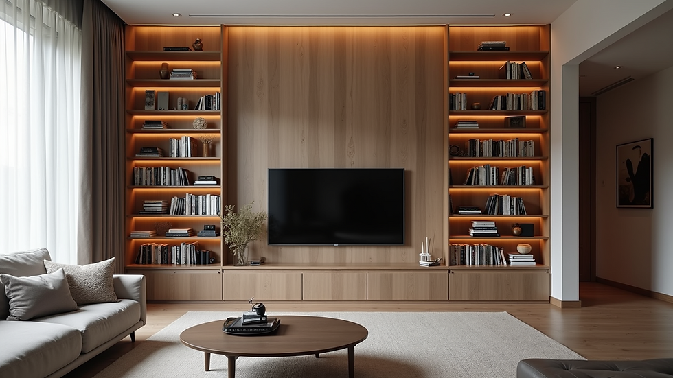 Eye-level view of a custom built-in bookshelf with integrated lighting in a modern living room