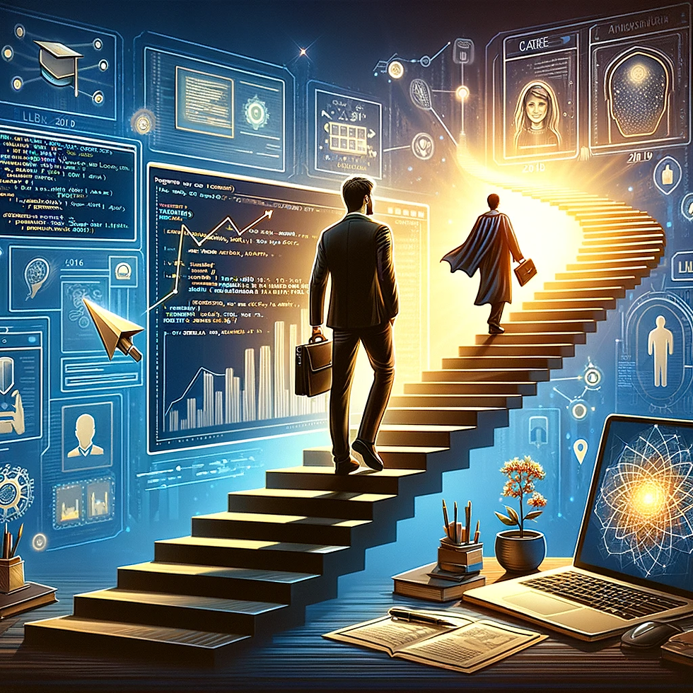 GPT Homem de negócios subindo uma escadaria digital iluminada em direção a um futuro brilhante, representando a progressão de carreira com a ajuda de Modelos de Linguagem de Grande Escala (LLMs), cercado por telas digitais mostrando gráficos, códigos e ícones de inteligência artificial.