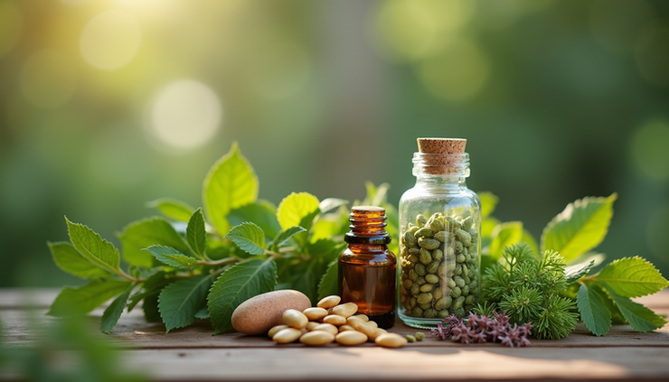 Close-up view of natural herbal supplement bottle on wooden table