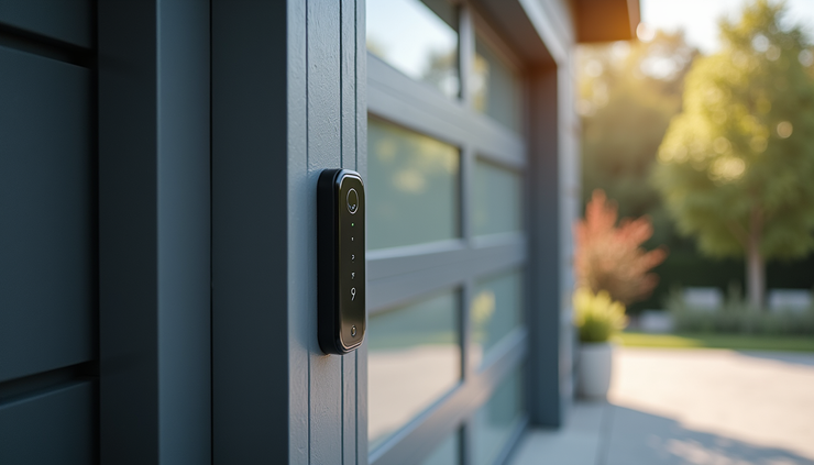 Eye-level view of a modern garage door with a digital keypad and smart home integration