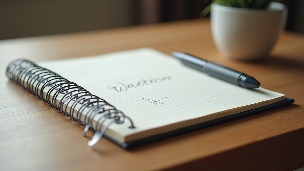 Close-up view of a journal and pen on a wooden table, symbolizing reflection and planning