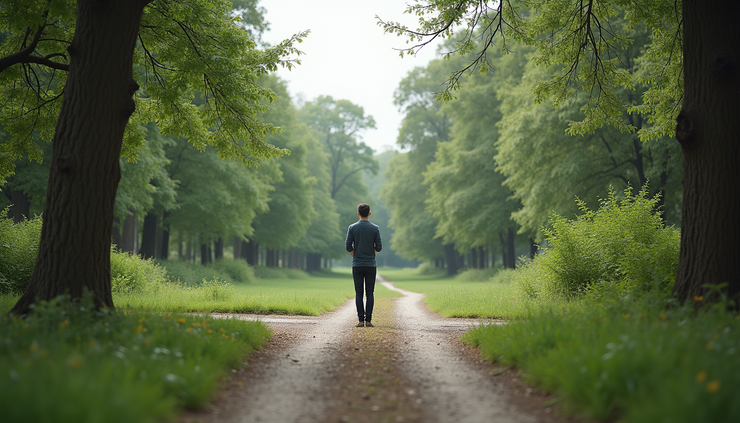Eye-level view of a person standing at a crossroads with multiple paths ahead