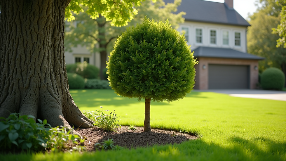Eye-level view of a well-trimmed tree in a beautifully landscaped yard
