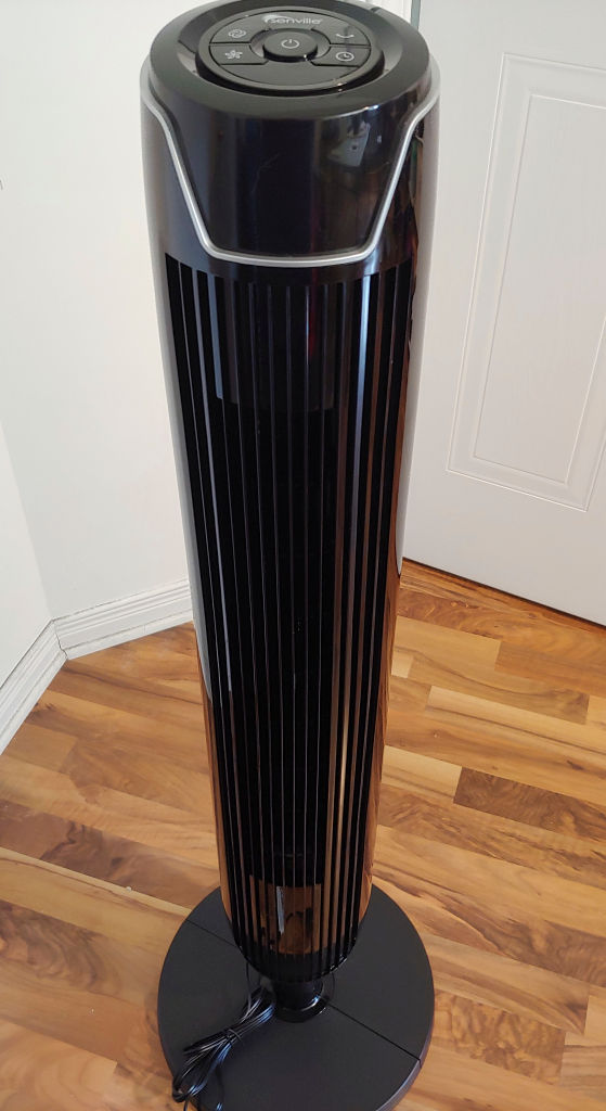 Senville Oscillating Tower Fan is a tall black fan with oscillation and speed settings