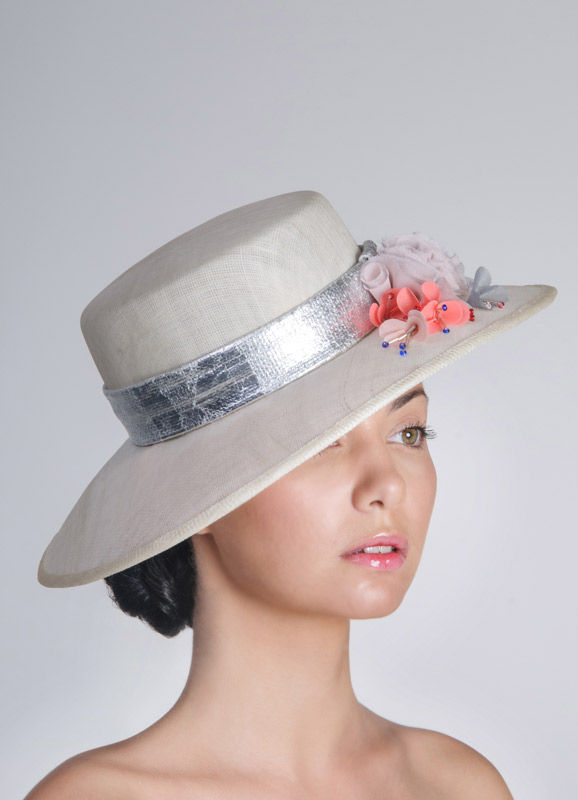 Thumbnail: woman's Ivory Brim Hat with Flowers for weddings and royal ascot