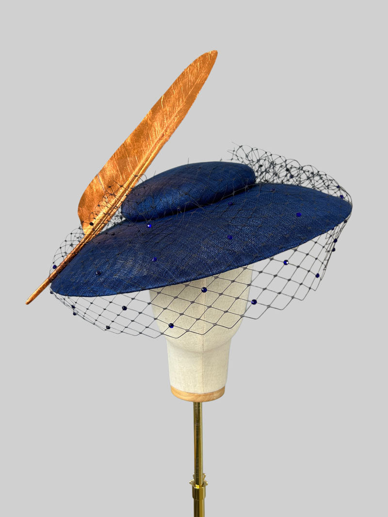 Thumbnail: Wide Brim Hat with Gold Feather and Veil
