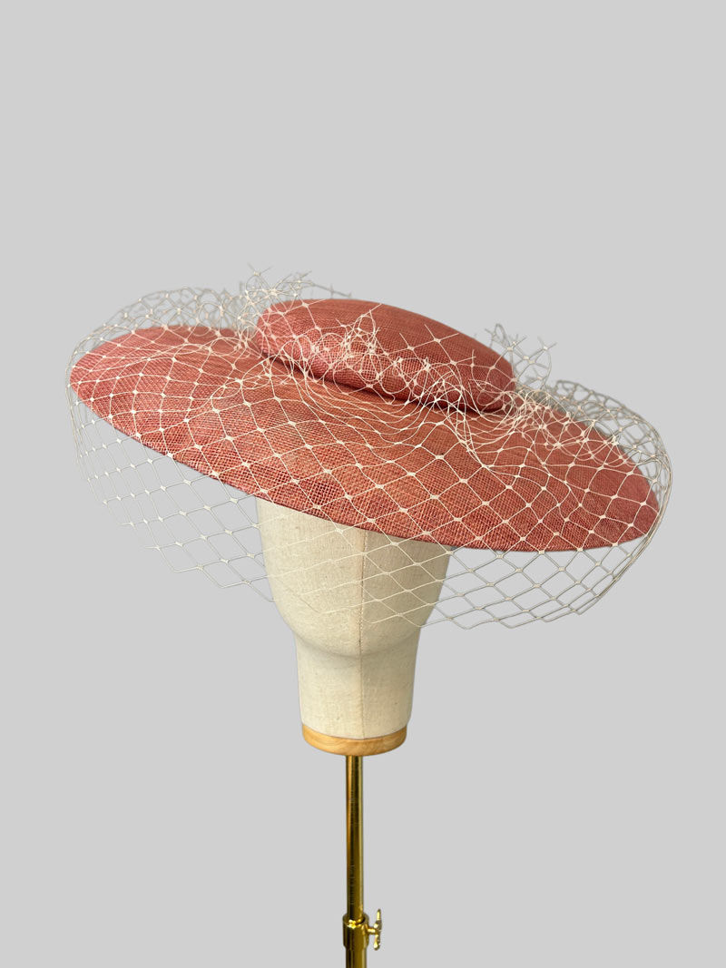 Pink Wide Brim fascinator Hat with Netting