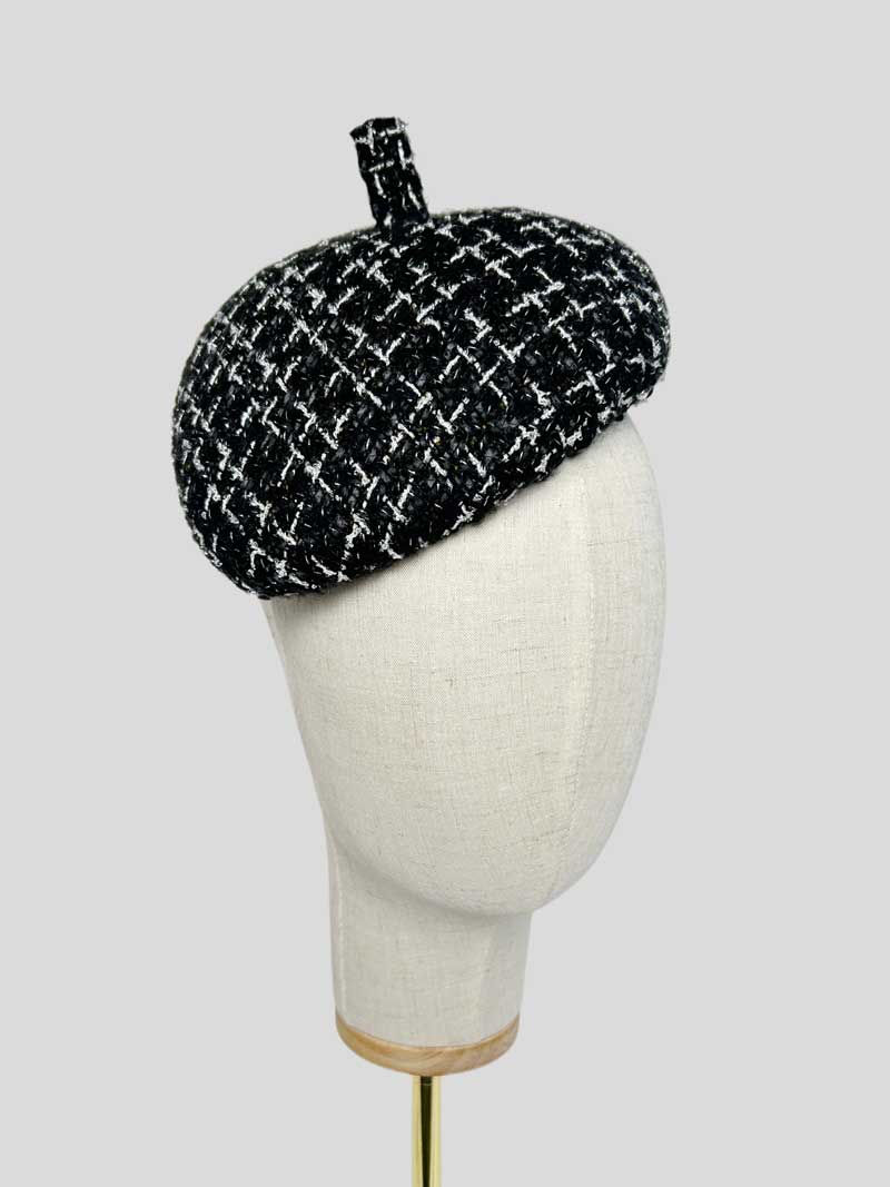 Thumbnail: black and white beret fascinator hat women winter accessory handmade by elena shvab millinery london
