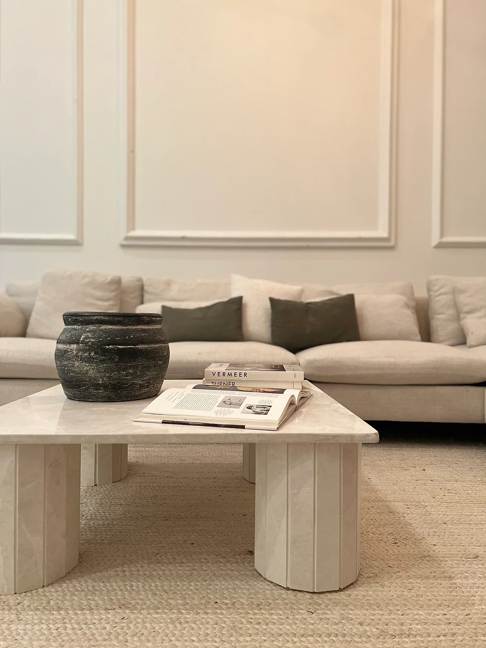 Thumbnail: Square Marble Coffee Table With Round Slat Marble Legs