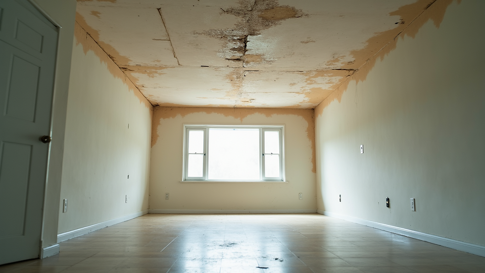 Eye-level view of a room with water stains on the ceiling
