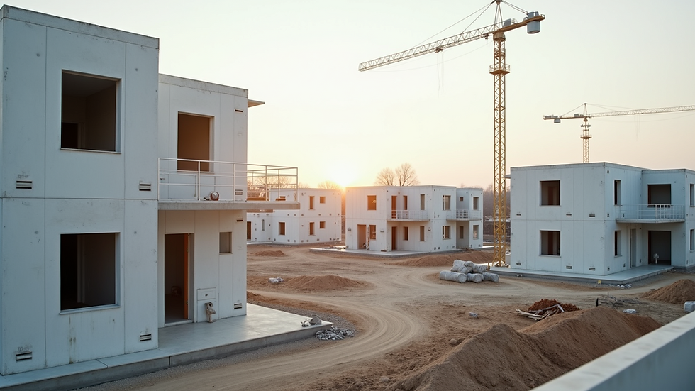 Eye-level view of a modular construction site with assembled building modules