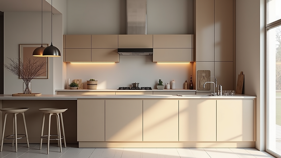 Eye-level view of a designer kitchen layout with color swatches