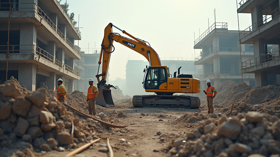 Wide angle view of a construction site with workers and equipment