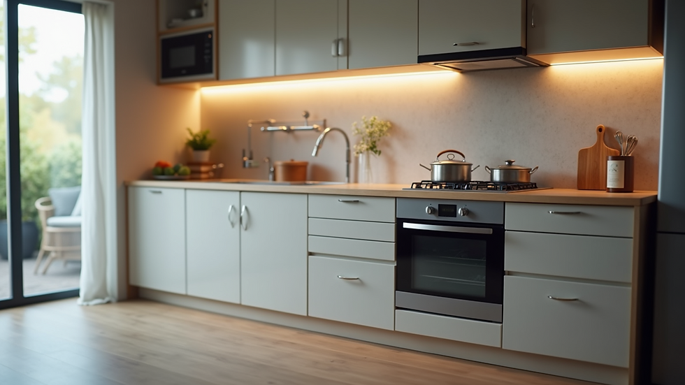 Close-up view of kitchen appliances neatly installed