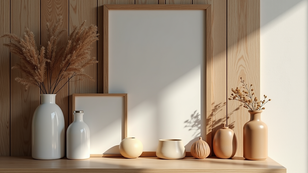Close-up view of a decorative shelf displaying a mix of modern and traditional decor