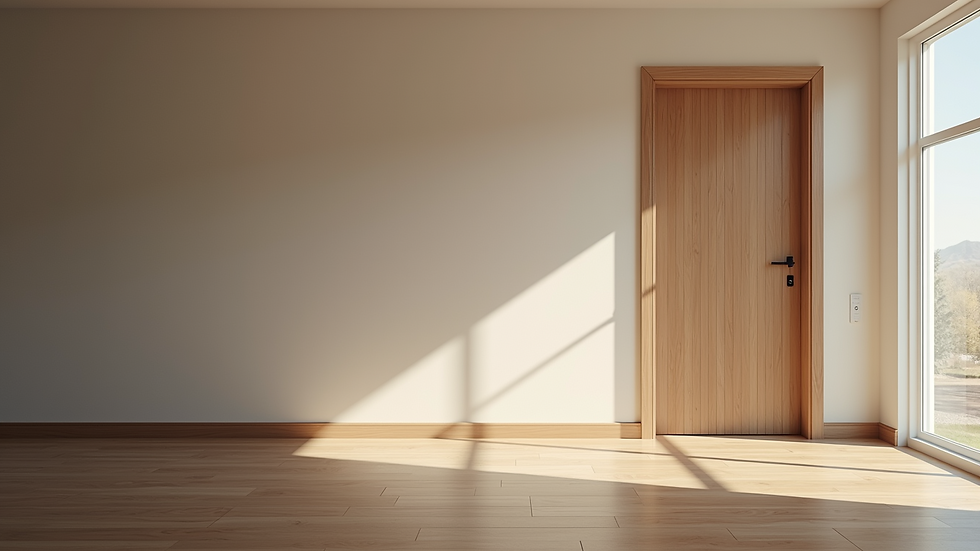 High angle view of a solid-core door with weather stripping
