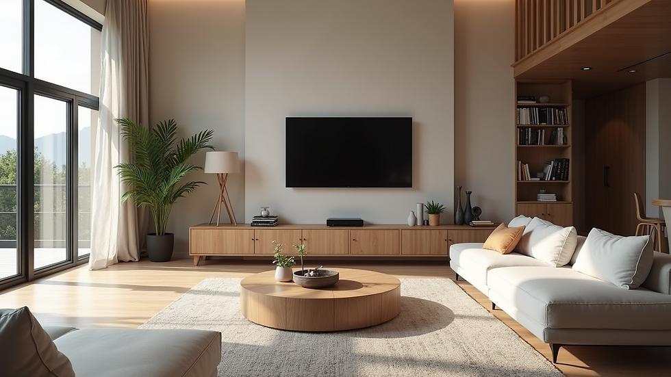 High angle view of a modern living room featuring smart home technology