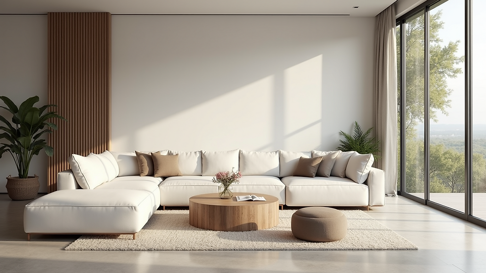 Wide angle view of a spacious living area with minimalistic decor
