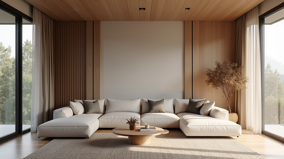 Wide angle view of a serene living room designed for soundproofing
