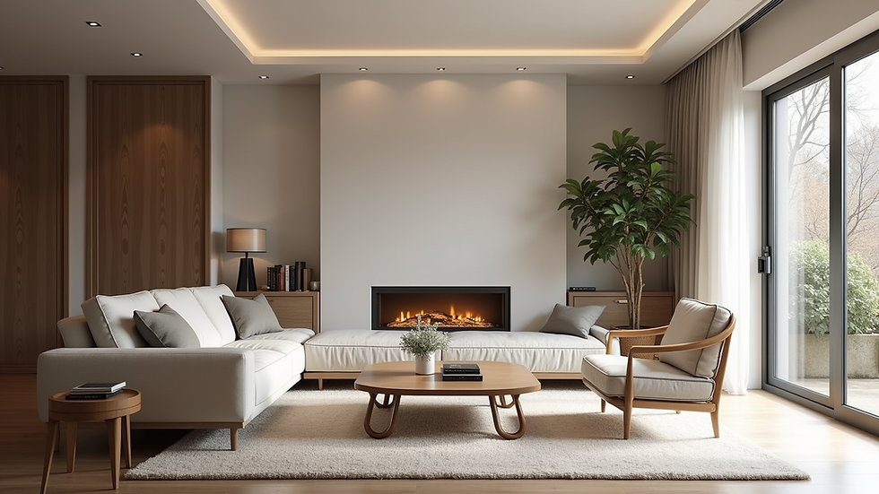 Eye-level view of a cozy living room featuring a mix of modern and traditional furniture