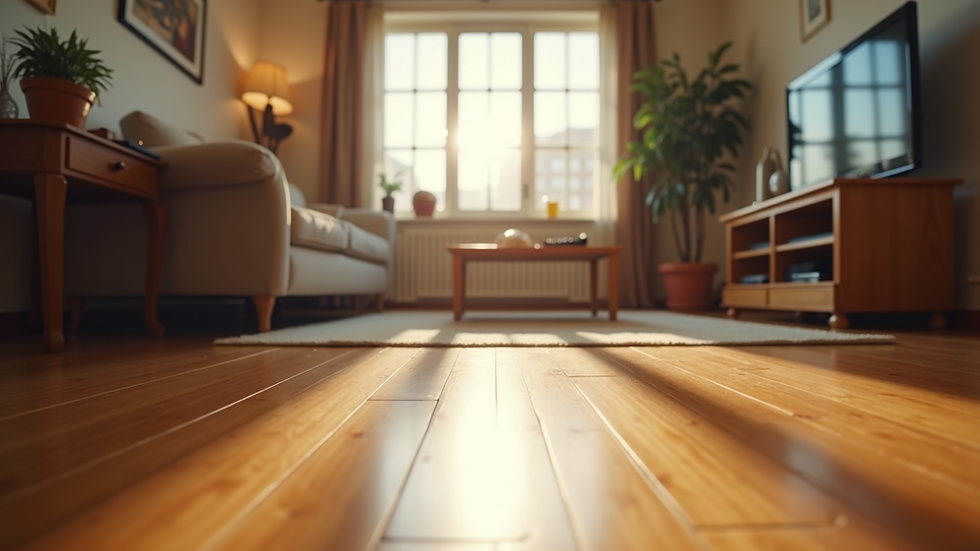 Eye-level view of a cozy living room with hardwood flooring