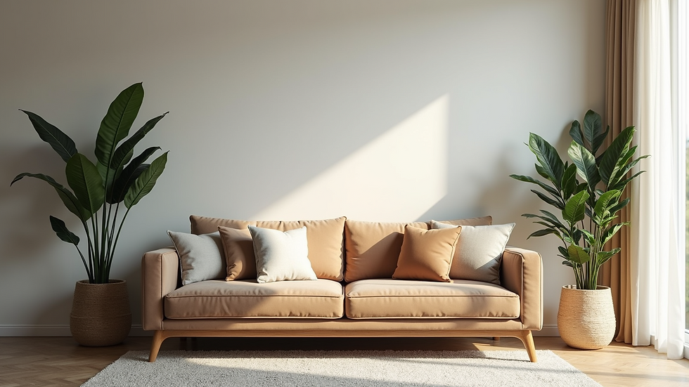 Eye-level view of a cozy living room with a stylish sofa and decorative plants