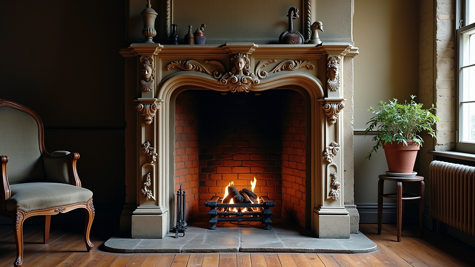 Close-up view of a vintage fireplace with ornate details