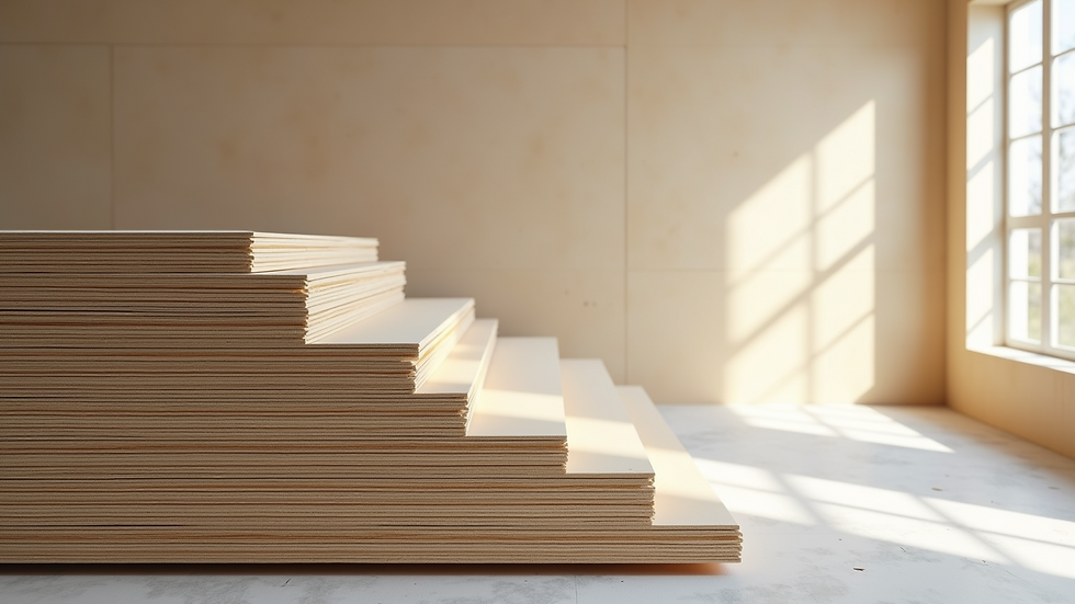 Close-up view of drywall sheets stacked for installation
