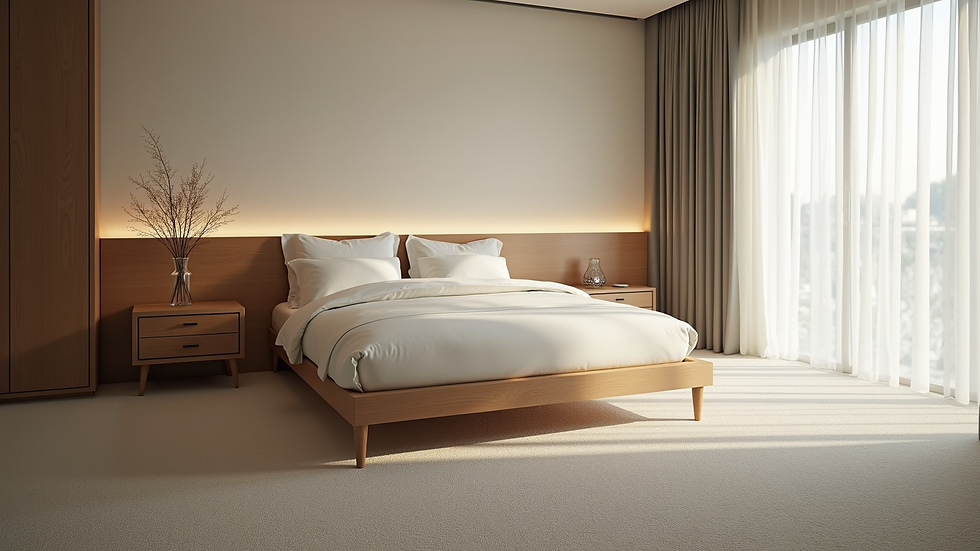 High angle view of a serene bedroom with carpet flooring