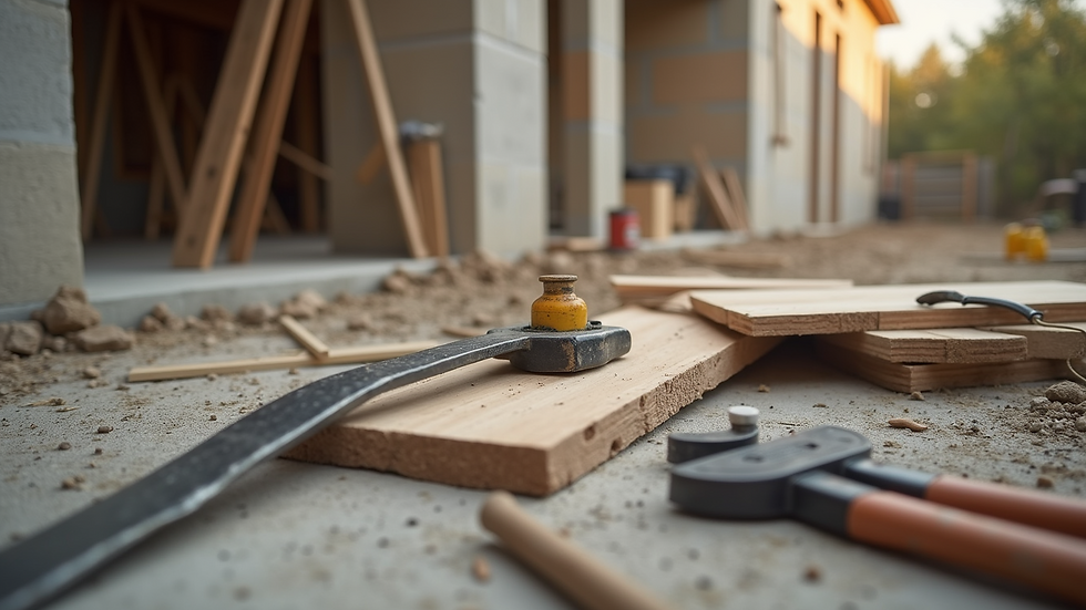 Wide angle view of a construction site with tools and materials