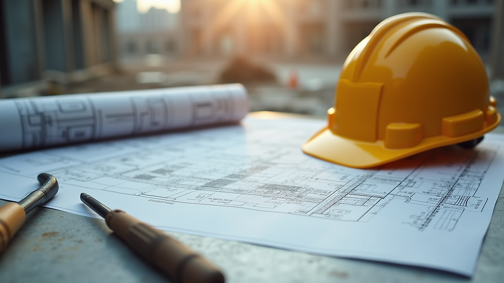 Eye-level view of a construction site with blueprints and tools