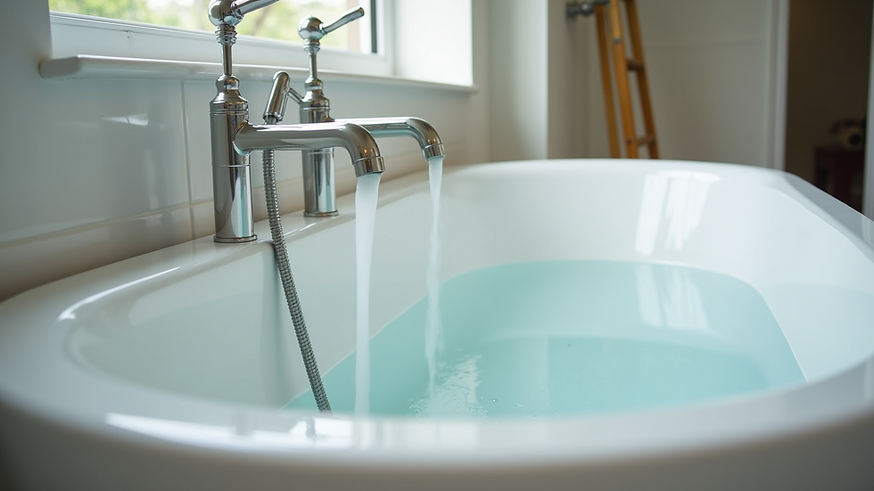 Eye-level view of a new bathtub and faucet installation