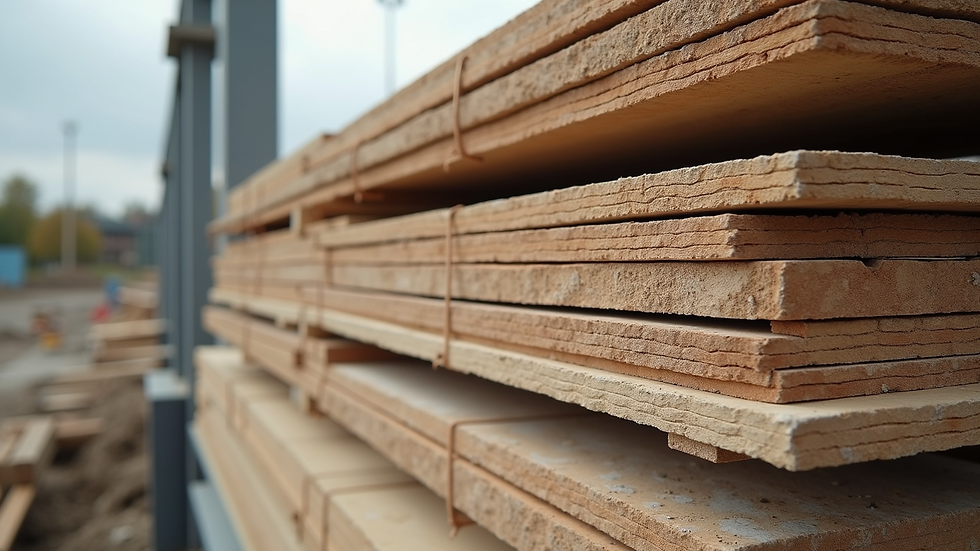 Close-up view of construction materials stacked on a site