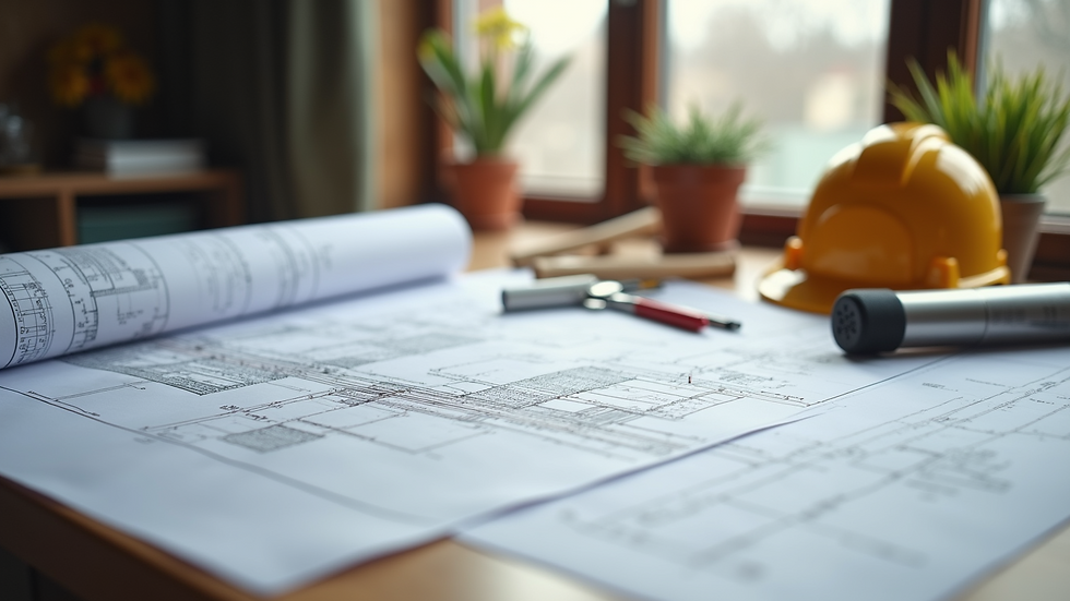 Eye-level view of a construction blueprint on a table