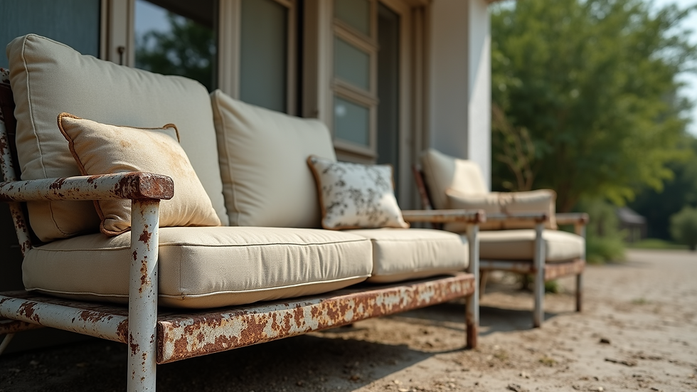 Eye-level view of a weathered outdoor furniture set