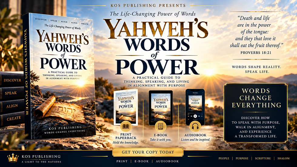 Promotional artwork for the upcoming book Yahweh's Words of Power, featuring the book cover and resources exploring the power of Yahweh's Word.