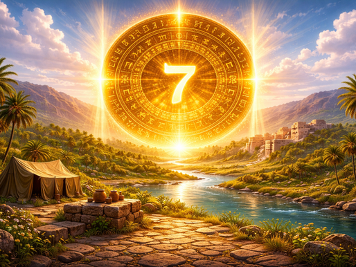 Golden sunrise over a sacred landscape with a glowing circular calendar and seventh day symbol representing the beginning of sacred time and divine alignment.