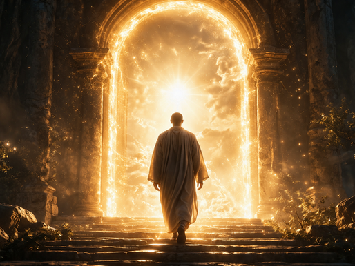 Figure walking toward a radiant golden gate of light surrounded by ancient pillars, symbolizing the Trinity Gate, divine alignment, and entry into Yahweh's sacred time.
