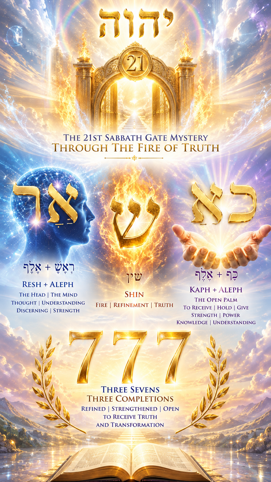 A bright symbolic image illustrating the mystery of the 21st Sabbath Gate with Shin surrounded by refining fire, Resh and Aleph representing the strengthened mind, Kaph and Aleph above open receiving hands, and three golden sevens representing three completions—purification, strengthened understanding, and holy reception.