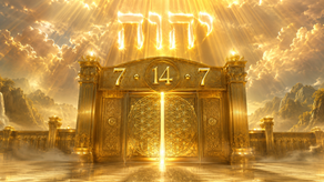 A majestic golden gate marked with the number 14 and two golden sevens beneath the radiant Name יהוה, symbolizing the 14th Sabbath Gate and the mystery of Sabbath Order.