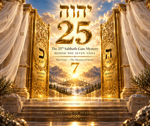 The 25th Sabbath Gate Mystery: Behind the Seven Veils, featuring golden gates, seven veils, the Tetragrammaton, Kaf, Heh, and the number Seven.