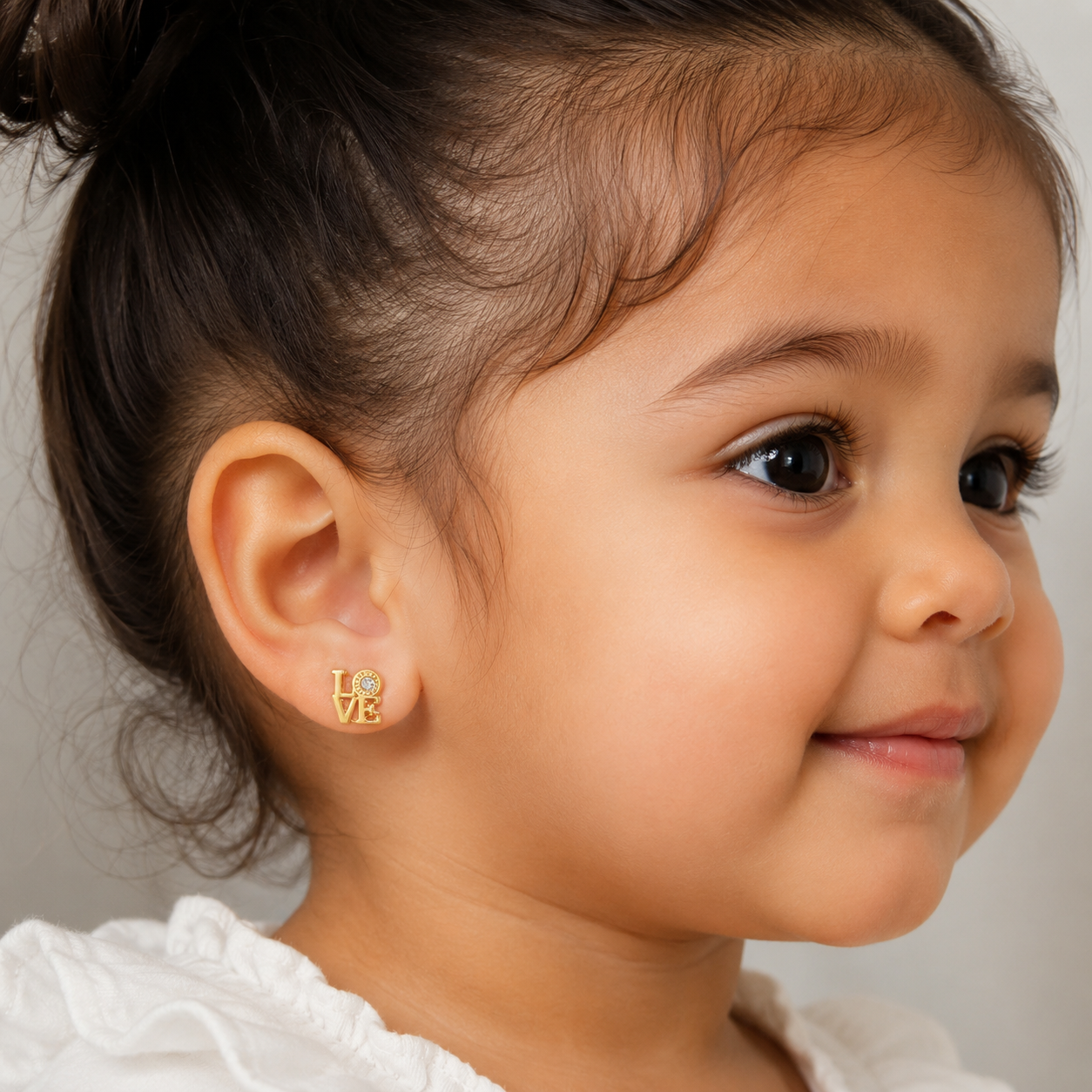 14k Solid Gold Screw Backing Baby Earring Love Carved Shape with Cubic Zirconia