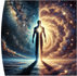 A silhouetted figure stands at the intersection of two cosmic realms, embodying the duality of existence as a path of light divides swirling stars and cosmic clouds, representing "The Divided Soul."