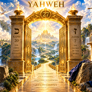 The 27th Sabbath Gate beneath the name of Yahweh, with Kaph and Zayin, an open golden gate, the Sword of the Word, and a pathway leading toward Atonement.
