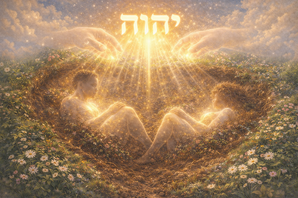 Male and female formed during creation while lying in the earth beneath Yahweh’s Name, symbolizing creation in divine order