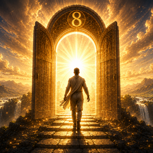 Radiant figure ascending through a glowing eighth gateway surrounded by light, sacred geometric patterns, and flowing heavenly energy symbolizing resurrection, transcendence, renewal of the mind, and awakening into a higher way of thinking.